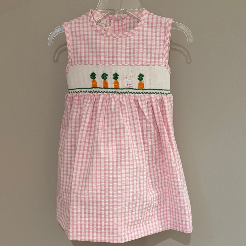 Pink & White Seersucker Smoked Dress with Carrot and Bunny Embroidery; Size 18M